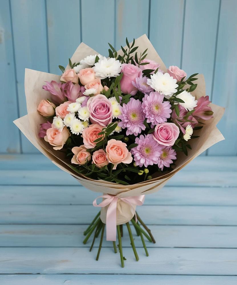 Букет цветов из: Хризантемы, Розы и Альстромерии в Ага-Батыре