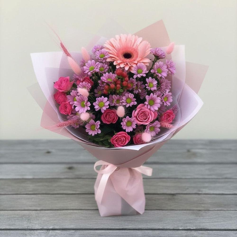 Букет цветов из: Розы, Герберы и Хризантемы в Ага-Батыре