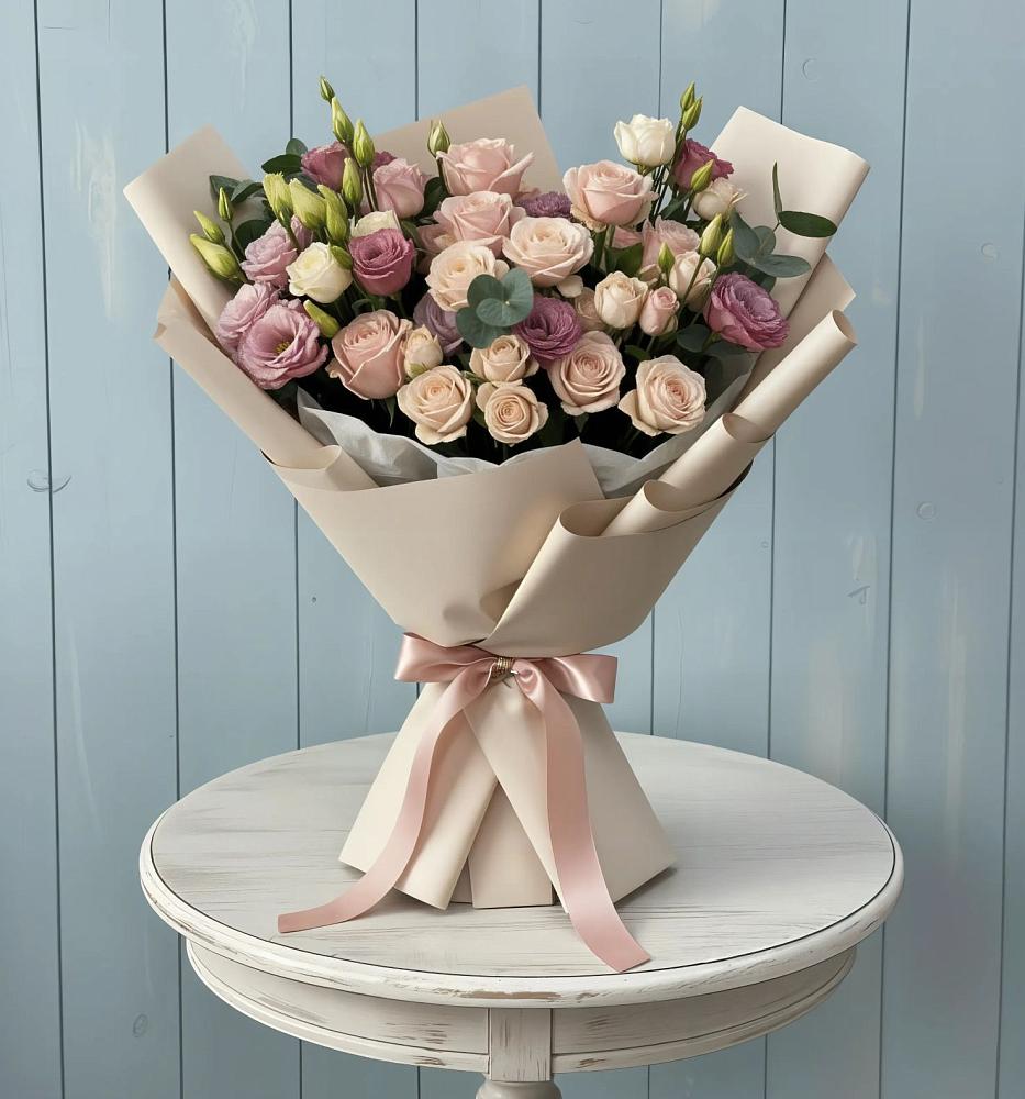 Букет цветов из: Розы и Лизиантусы в Ага-Батыре